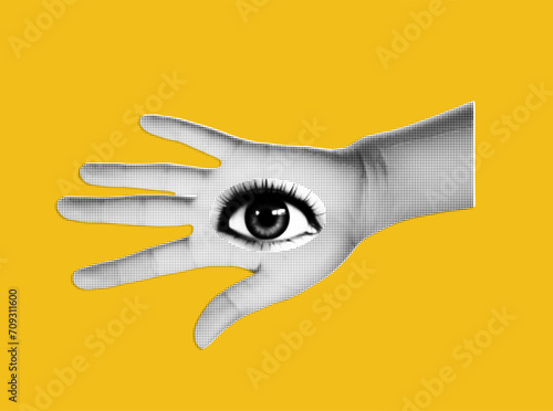 Two hands with an eye on them. Isolated element for collage on purple background. Psychedelic pop art style. Vector trendy illustration.