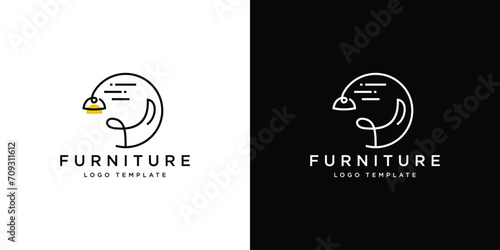Simple Minimalist Furniture Logo. Interior Sofa Chair Lamp with Modern Lineart Outline Style. Furnishing Logo Design Template.