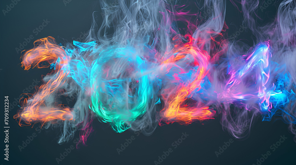 Polydactylous text "2024" shaped from tendrils of multicolored smoke given off by various chemicals in smoldering experiment - obrazy, fototapety, plakaty 