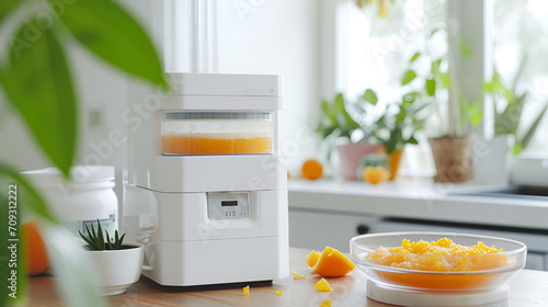 There is a white vending machine for cooking food additives on the home table, and in Minsk next to it is squeezed orange fruit puree. bright light, vegetables, fruits, healthy food