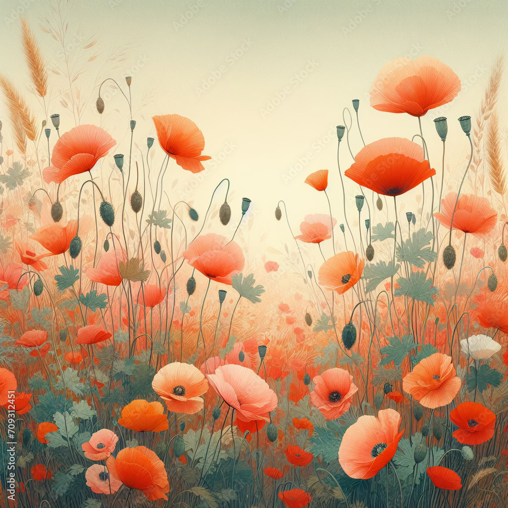 red blooming poppies in the mountains watercolor drawing red blooming poppies in the mountains watercolor drawing