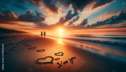 Romantic sunset, Valentines Day. Beach, I Love You and hearts carved in sand. sunset, cupid. loving couple holding hands photo