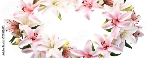 pink flowers and white lilies on white background