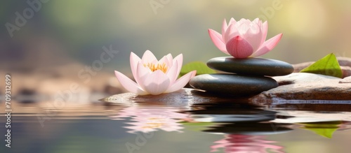 Closeup beautiful lotus or lily flower  stack of stones on water surface blur background.Generate AI