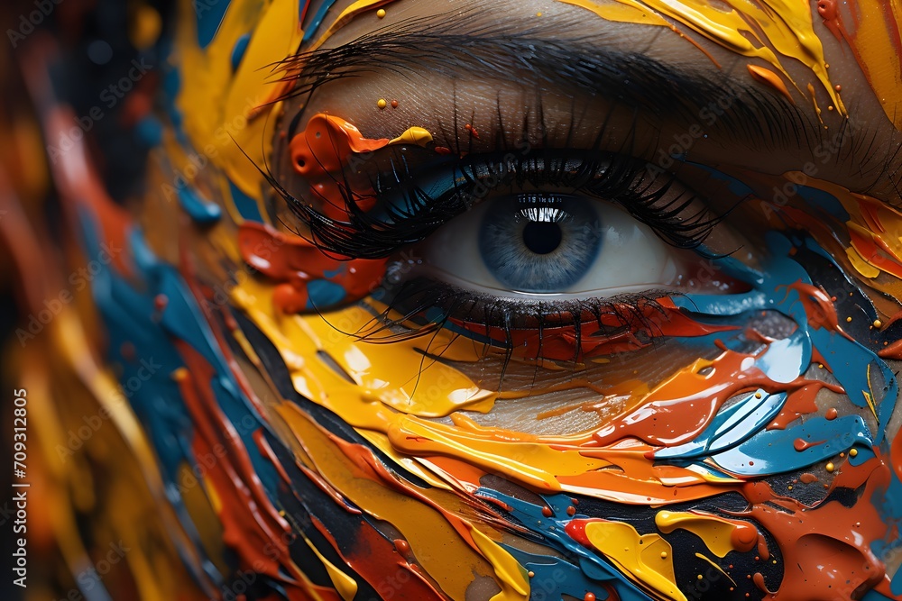 Close-up of a beautiful woman's eye with creative paint make-up. Abstract illustration