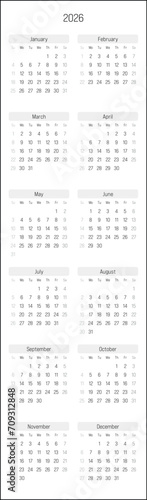 Monthly calendar of year 2026. Week starts on Sunday. Block of months in two columns vertical arrangement. Simple thin minimalist design. Vector illustration.