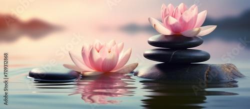 Beautiful lotus or lily flower and stack of stones on water surface blur background. Generate AI