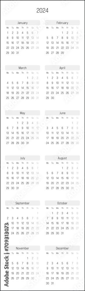 Monthly calendar of year 2024. Week starts on Monday. Block of months in two columns vertical arrangement. Simple thin minimalist design. Vector illustration.