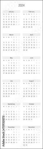 Monthly calendar of year 2024. Week starts on Monday. Block of months in two columns vertical arrangement. Simple thin minimalist design. Vector illustration.