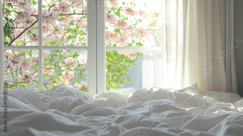 Interior of bedroom: bed with crumpled white cotton bed linen and window with view of pink cherry blossoming tree and sunlight