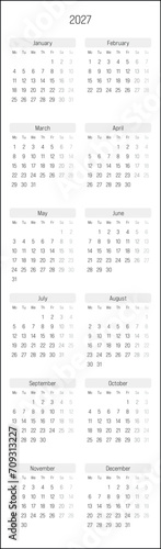 Monthly calendar of year 2027. Week starts on Monday. Block of months in two columns vertical arrangement. Simple thin minimalist design. Vector illustration.