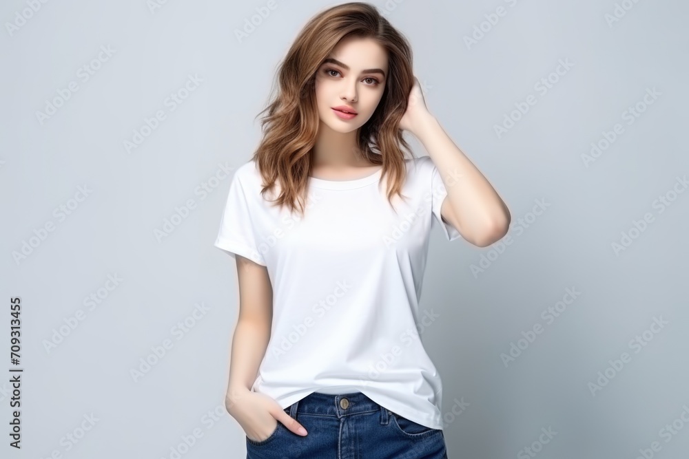 Woman in white t-shirt looking at camera Woman in white t-shirt looking at camera