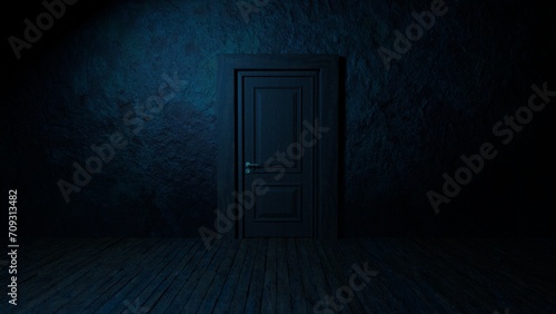 Closed door in a dark room.