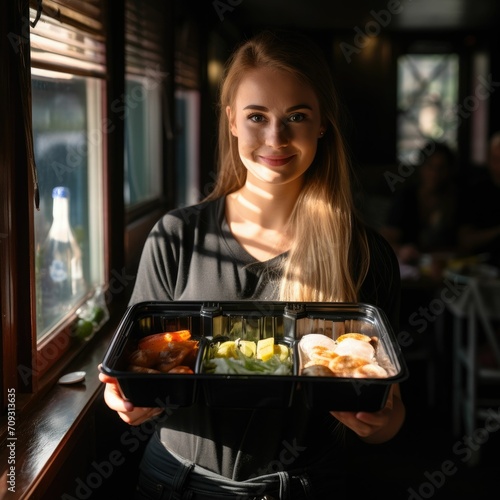 Woman Holding Tray of Food in Front of Window