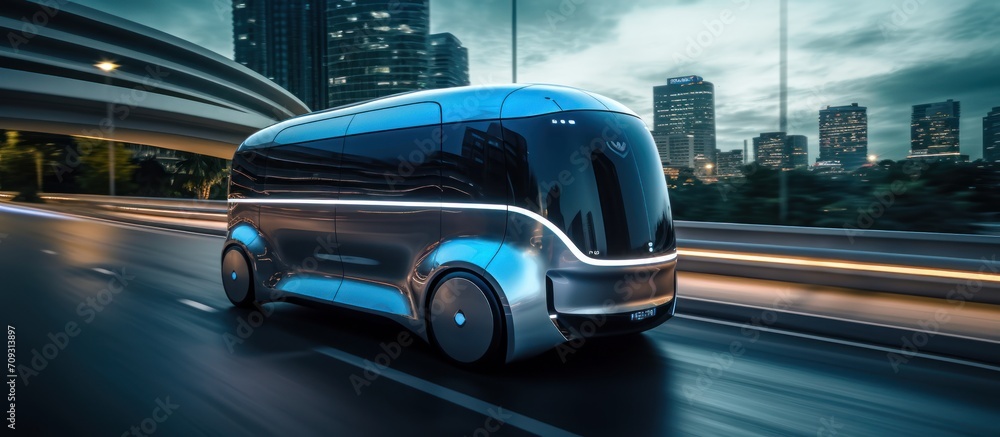 Futuristic Self-Driving Van Moving on a Public