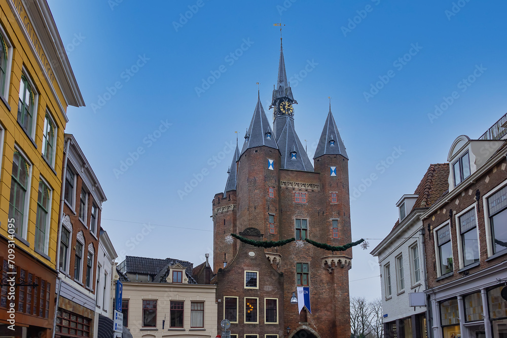 Saxon Gate (Sassenpoort) is a gatehouse in the city wall of Zwolle. Sassenpoort was built in 1409, is part of the Top 100 Dutch heritage sites. Zwolle, Netherlands.