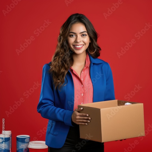 Woman in Blue Jacket Holding Box © Kamran