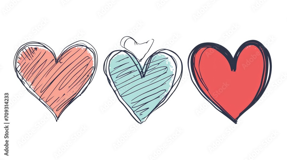 A set of three different heart doodles, one outlined, one solid, and one sketched