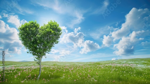 A solitary tree with its leaves and branches trimmed into the shape of a heart stands in the middle of a lush, flower-speckled meadow under a blue sky with scattered clouds