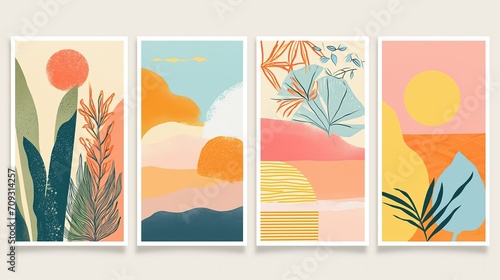 boho tropical plant and flower artwork picture frame collection set on wall, minimal style home wall hanging decor, mockup idea, Generative Ai