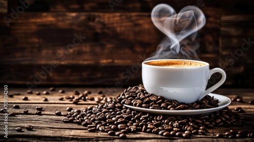 A steaming cup of coffee sits on a saucer surrounded by coffee beans, with the steam rising in the shape of a heart, set against a rustic dark wood background 