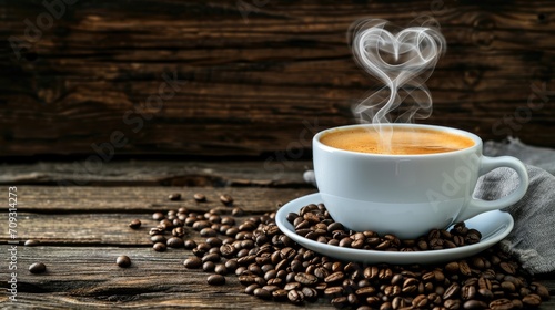 A steaming cup of coffee sits on a saucer surrounded by coffee beans  with the steam rising in the shape of a heart  set against a rustic dark wood background 