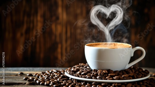 A steaming cup of coffee sits on a saucer surrounded by coffee beans, with the steam rising in the shape of a heart, set against a rustic dark wood background 