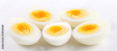 Sliced of eggs on white background
