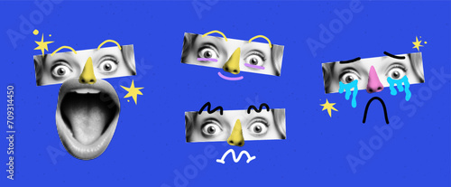Art collage designs. With halfone faces in abstract popart style. With cartoon eyes and lips doodles. Variations of different emotions. Vector illustration. photo