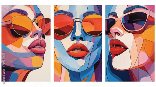 boho women abstract face illustration, wall frame decor idea, Generative Ai