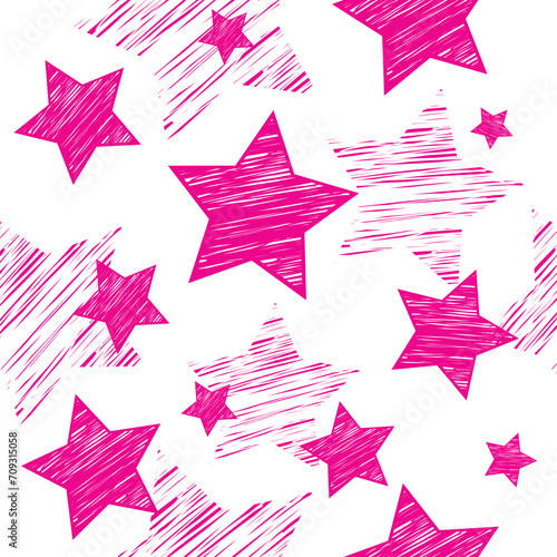 Abstract seamless pattern for girls, children, fashion clothes, sky wallpaper. Funny creative design. Bright pink color Repeated backdrop. Stars background. Silhouette shape elements.