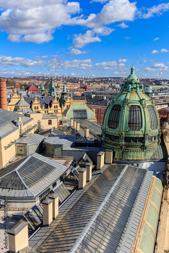 The dome of the FOK Symphony Orchestra against the backdrop of the roofs of Prague buildings