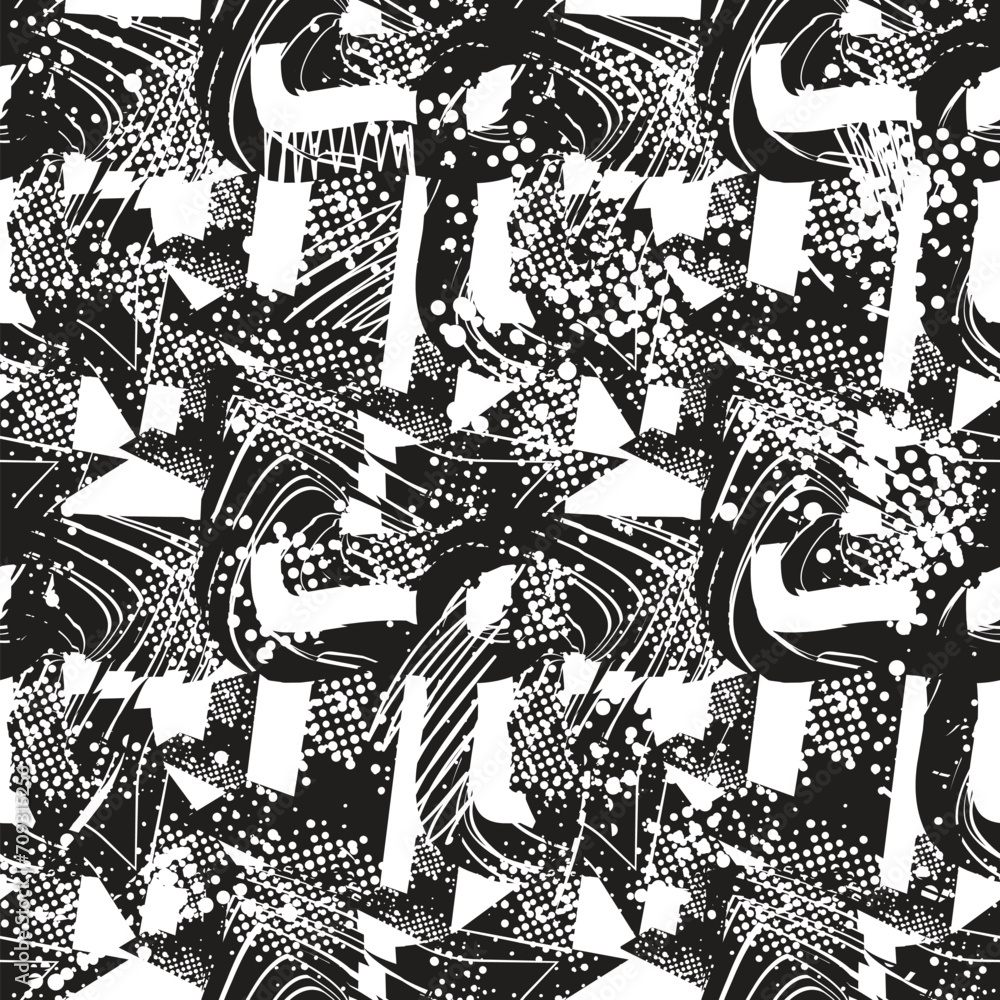 Abstract seamless pattern for girls, boys, sport, fashion clothes. Grunge urban repeated background with silhouette shape dots, ink. creative modern wallpaper for guys in black and white colors