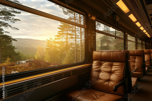 Brown leather chairs in empty cozy train with scenic view in window. Serene Morning Commute: Empty Train Carriage with a Lush Forest View at Sunrise © Silga