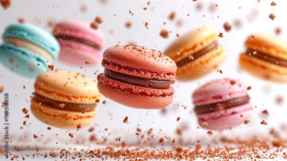 Sweet macaroons macarons with crumbs falling flying isolated on white background. Sweet macaroons macarons with crumbs falling flying isolated on white background.