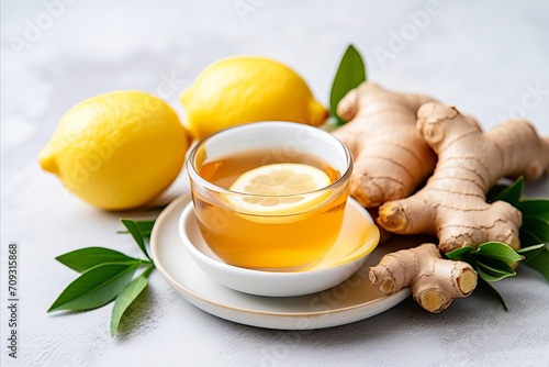 Ginger tea. natural homemade remedy with lemon, honey, and mint for cold and flu relief