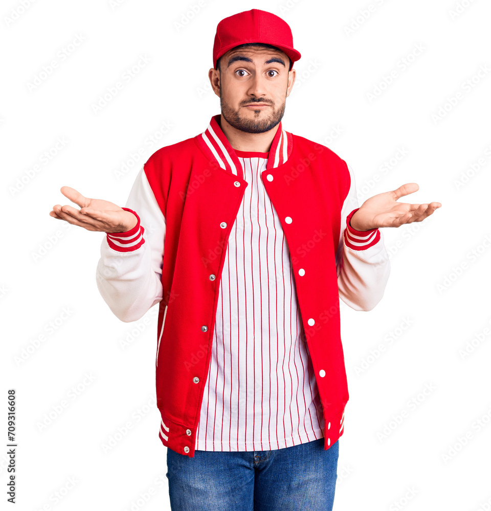 Young handsome man wearing baseball jacket and cap clueless and confused expression with arms and hands raised. doubt concept. Young handsome man wearing baseball jacket and cap clueless and confused expression with arms and hands raised. doubt concept.