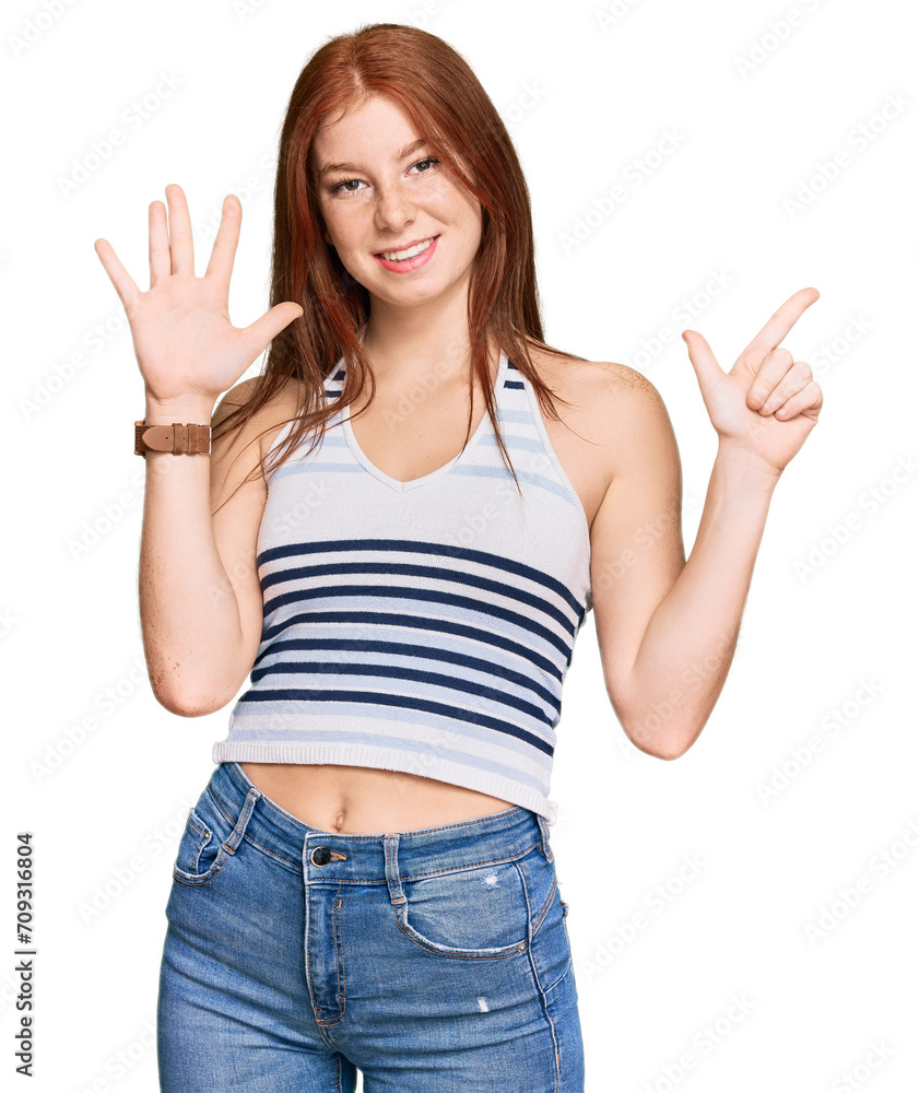 Young read head woman wearing casual clothes showing and pointing up with fingers number seven while smiling confident and happy. Young read head woman wearing casual clothes showing and pointing up with fingers number seven while smiling confident and happy.