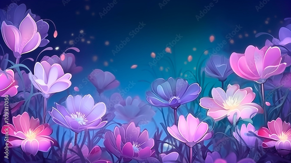 beautiful flowers against blue sky. delicate soft pastel lilac color flowers in the morning mist,
