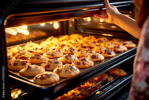Cookies are baked in the oven. Tasty cookies with chocolate chips. cookie tray.