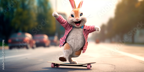 Funny bunny rides a skateboard on a summer day along the street. Anthropomorphic Cute hare rides a skateboard. Easter concept. Creative animal concept.
