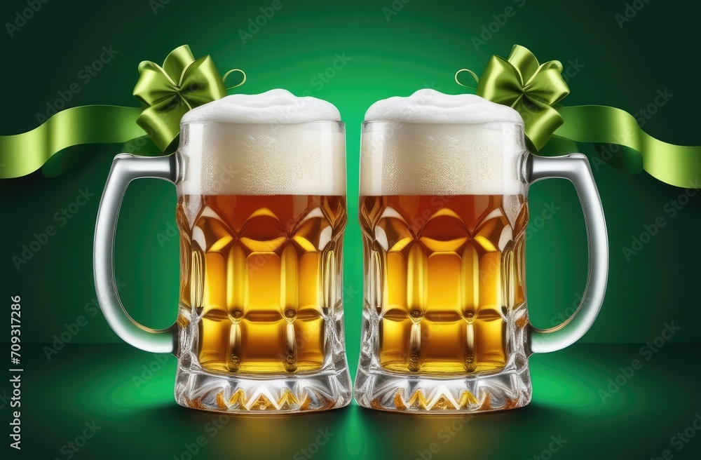 two beer mugs on green background. St Patrick's day greeting card with ribbons.