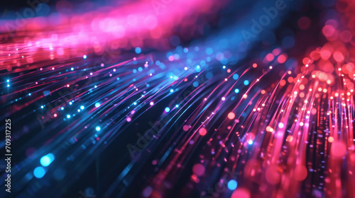 Brilliant red and blue fiber optic lights create a vibrant dance of technology and speed, symbolizing high-speed internet connectivity and modern communication