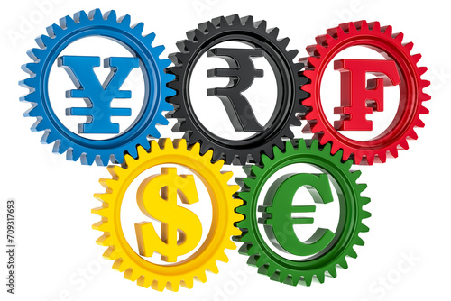 Currency gears colored, conversion and exchange of currencies, concept. 3D rendering isolated on transparent background photo
