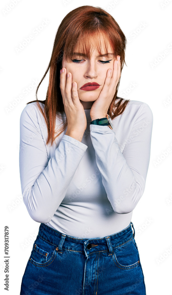 Redhead young woman wearing casual turtleneck sweater tired hands covering face, depression and sadness, upset and irritated for problem Redhead young woman wearing casual turtleneck sweater tired hands covering face, depression and sadness, upset and irritated for problem