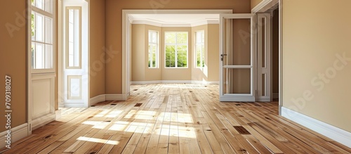 Man reveals newly remodeled room with fresh tan paint and new floors.