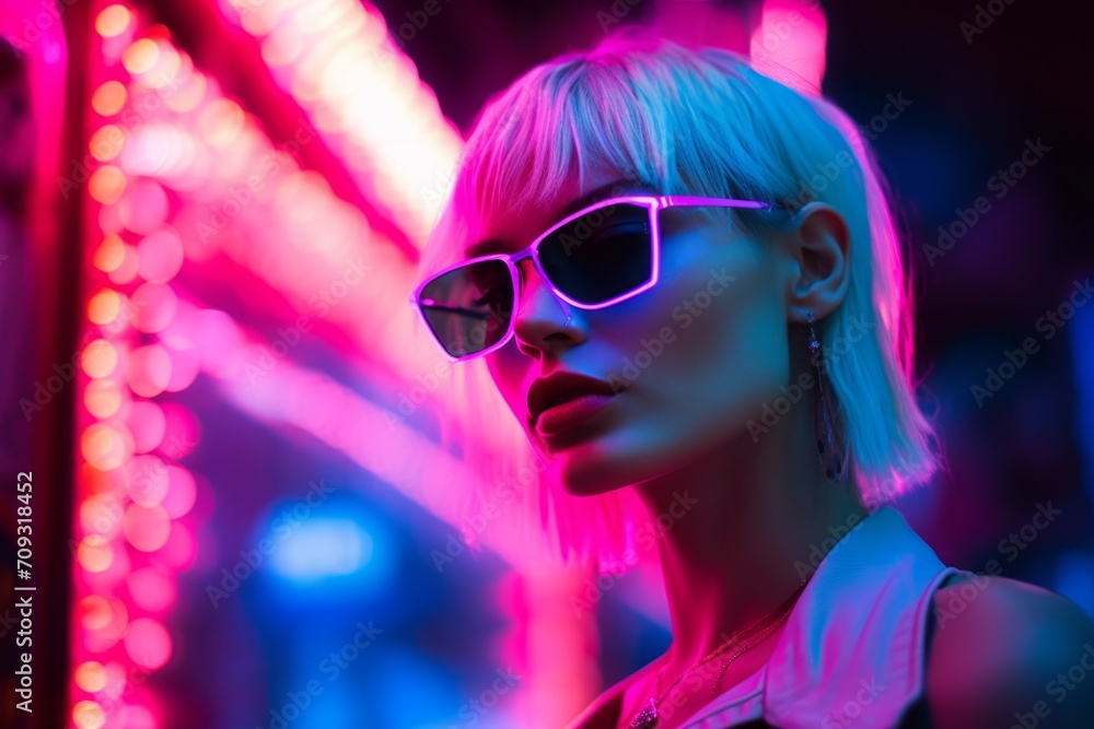Stylish Woman with Sunglasses in Neon Lights Portrait Stylish Woman with Sunglasses in Neon Lights Portrait