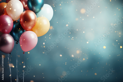 Assorted balloons with golden sparkle on a blue background. Party background with copy s+ace