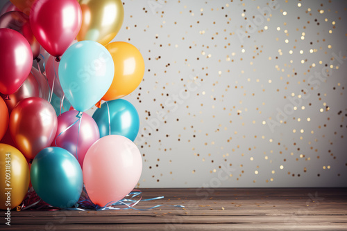 Pparty balloons with golden confetti background with copy space