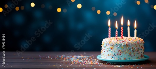 Festive birthday cake with burning candles and Sprinkles on background with copy space